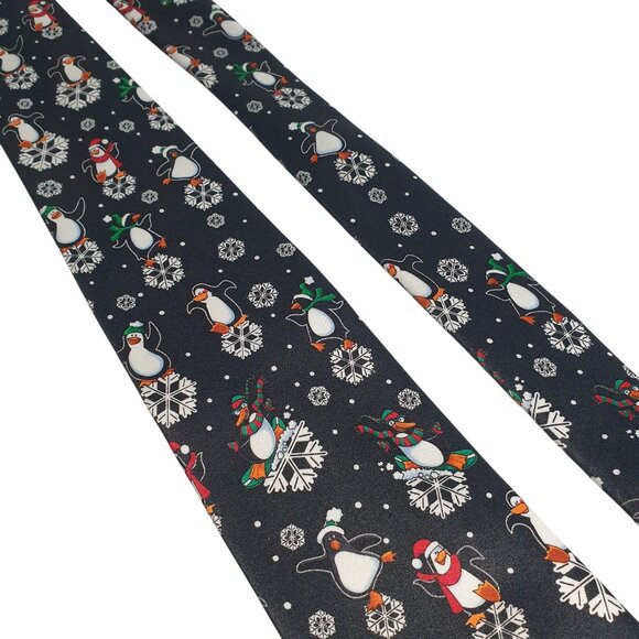 Yule Tie Greetings Christmas Penguin Snowflake Winter Holiday Necktie Gift Work - Picture 2 of 5